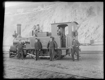Image: D Class steam locomotive no 46, showing five unidentified railway workers, including driver, probably Christchurch district