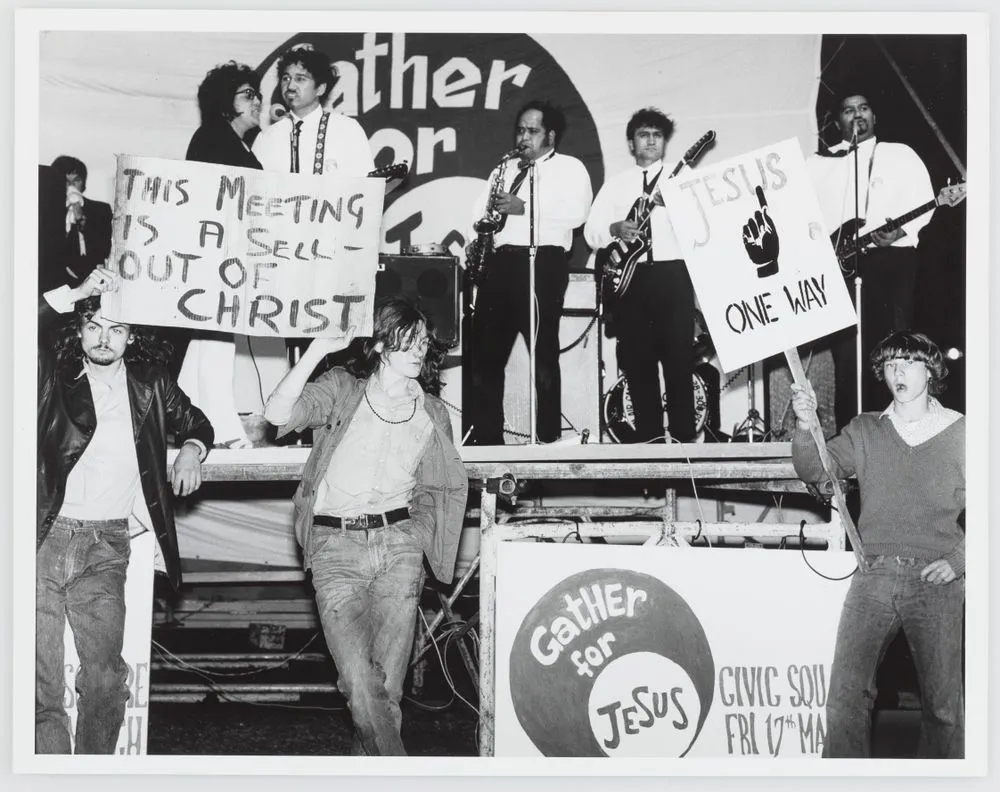 Jesus rally, outside Wellington Town Hall.