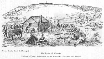 Image: From a drawing by A. H. Messenger] — The Battle of Waireka — Defence of Jury's Farmhouse by the Taranaki Volunteers and Militia