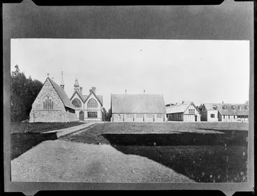 Image: View of west side of quadrangle, including chapel and School House, Christ's College, Christchurch