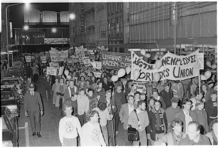 Demonstration in support of the Homosexual Law Reform Bill, Wellington, New Zealand - Photograph taken by Ross Giblin