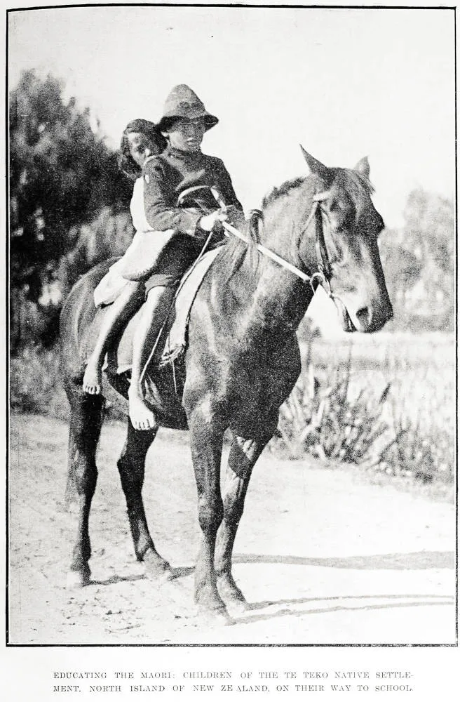 Educating the Maori: children of the Te Teko native settlement, North Island of New Zealand, on their way to school