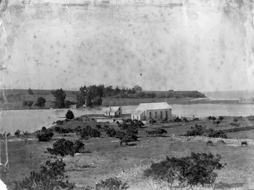 Image: Martin, Josiah, 1843-1916 : Photograph of Waitangi marae at Te Tii, on the banks of the Waitangi River, showing the hall Te Tiriti o Waitangi and the Waitangi Treaty Memorial