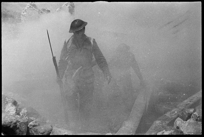 New Zealand soldier at the Cassino battlefront, Italy, during manoeuvres, World War 2
