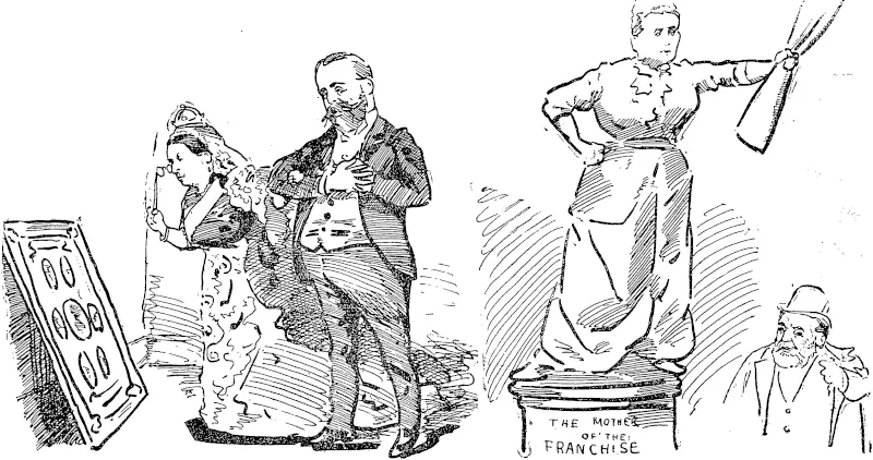 VThe shield is sent Home. Her Gracious, inspects it. 'Tummy'is ' The Mother of the Franchise.' ('Bio's' suggestion for a national mashed���badly mashed. memorial statue.) (Observer, 28 October 1893)
