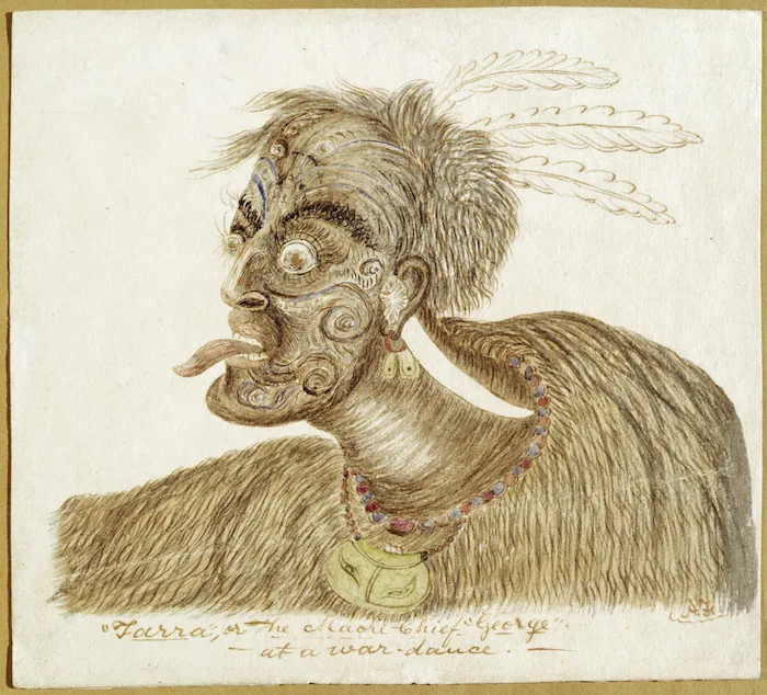 Florance, Augustus H, 1812-1879 :"Tarra", or the Maori Chief "George" at a war-dance. [Between 1856 and 1860?]