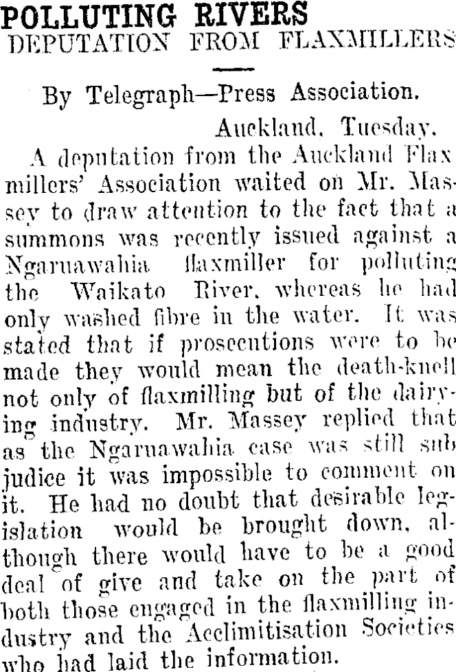 POLLUTING RIVERS. (Taranaki Daily News 22-1-1913)