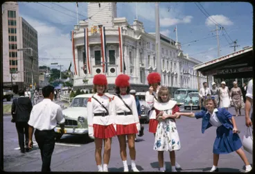Marching girls outside the Auckland Town Hall, 1963 Image: Marching girls outside the Auckland Town Hall, 1963
