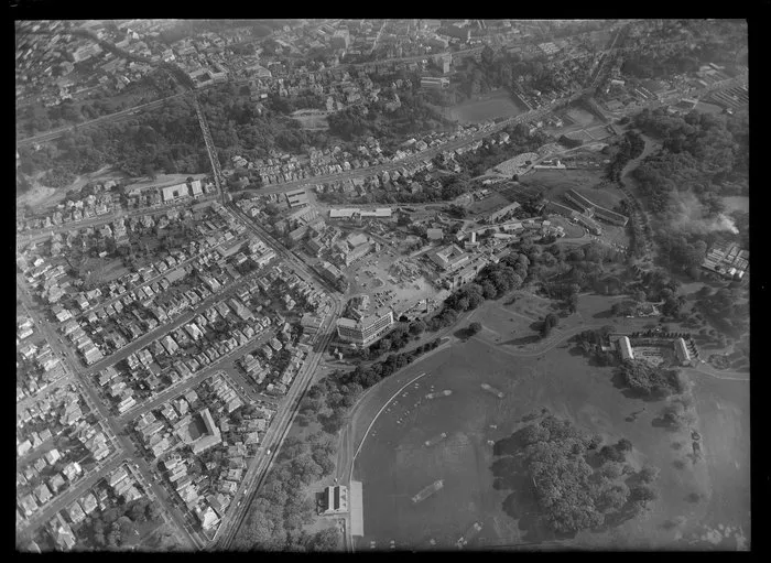 Auckland Public Hospital (centre) in Grafton, with Grafton Bridge and the Domain with Wintergarden, Auckland