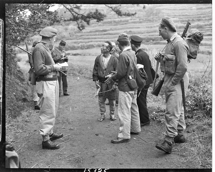 New Zealand soldiers on the island of Mi-shima, Japan