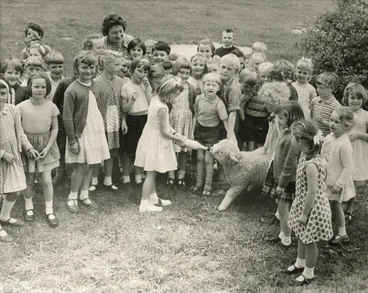 Image: Silverstream School; Primer 4 children and pet lamb.