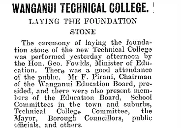 Image: Wanganui Technical College - foundation stone laid