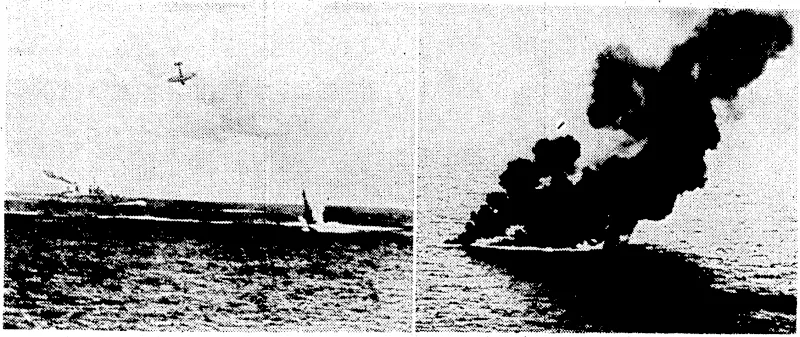 Death to the Japanese:Â—Left, Japanese planes shot down by an American cruiser during a naval action in the South-west Pacific. One plane is seen hitting the ivater and the other is diving towards the sea. Right, smoke clouds front a Japanese ship after a direct hit by a Flying Fortress. (Evening Post, 13 February 1943)