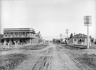 Martinborough Hotel, Post Office and Kitchener Street, Martinborough : Glass negative Image: Martinborough Hotel, Post Office and Kitchener Street, Martinborough : Glass negative