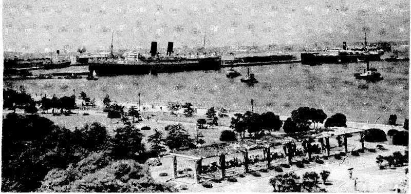 A view of the ivaterfronl at Yokohama, the Japanese seaport on the west shore of Tokio Bay. The harbour, though somewhat exposed, is enclosed by two breakwaters and has commodious accommodation for shipping. .Yokohama and its harbour works were almost obliterated in the earthquake of 1923, and many thousands of its inhabitants were killed. Since then, it has been, rebuilt on modern lines. (Evening Post, 21 December 1938)