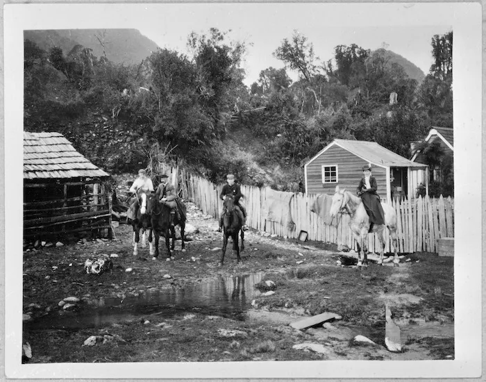 Creator unknown : Photograph of Maud Moreland and Rev Christopher Moreland at Batson's Stable, Waiho, Westland