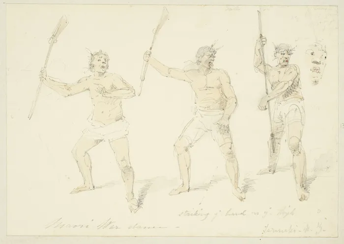 [Strutt, William] 1825-1915 :Maori war dance. Taranaki N. Z. Striking the hand on the thigh. [1855 or 1856]