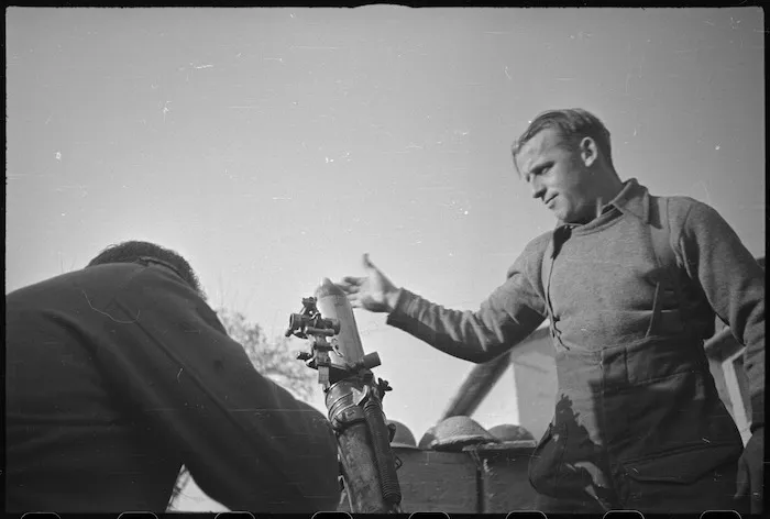 Member of a World War 2 New Zealand motar crew, near Faenza, Italy