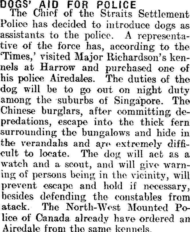 DOGS' AID FOR POLICE. (Mataura Ensign 7-7-1911)