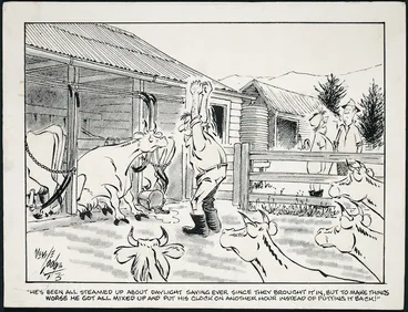Image: Lodge, Nevile Sidney, 1918-1989:He's been all steamed up about daylight saving ever since they brought it in, but to make things worse he got all mixed up and put his clock on another hour instead of putting it back!' 1975