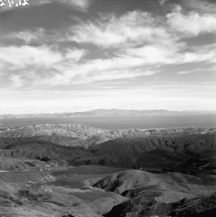 Cook Strait, and the hills above Khandallah, Wellington
