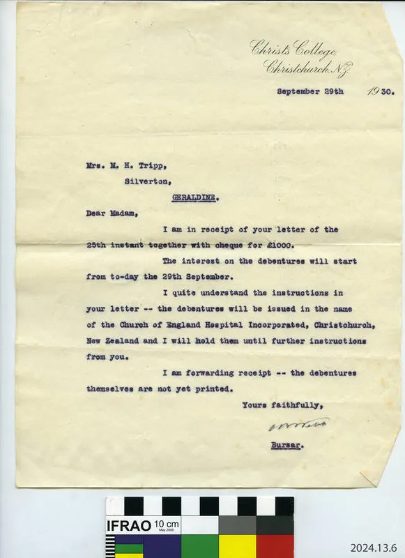 Letter: Christ's College to Mary Herbert Tripp