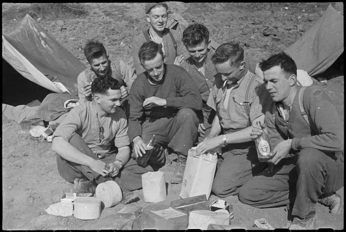 NZ frontline infantrymen rest immediately behind the lines on the Cassino Front, Italy, World War II - Photograph taken by George Kaye
