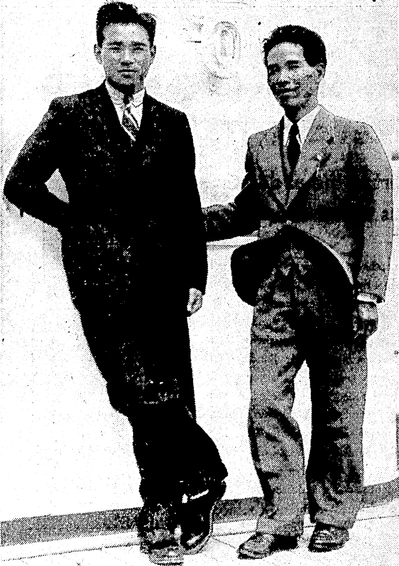 Evening Tost" IJliuto. Kohei Murakoso (left) and Kenshi Togami, Japanese distance runner and jumper respectively, who have arrived in New Zealand and are appearing at Carlaw Park, Auckland, today. They will probably also appear at the New Zealand athletic championships at Auckland on March 11 and 12. (Evening Post, 20 February 1937)
