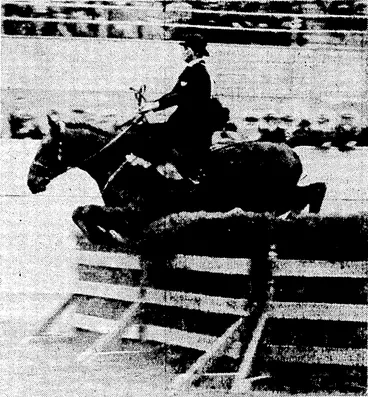 Image: Evening Post" Plioto. SIDE-SADDLE AT TtlE SHOW.—Mrs. S. E. Pearson, of FeUding, riding Padmore in the hunters' competition. She was the only competitor to use the old-fashioned side-saddle in the ladies' horse events at the faster Show yesterday. (Evening Post, 23 April 1935)