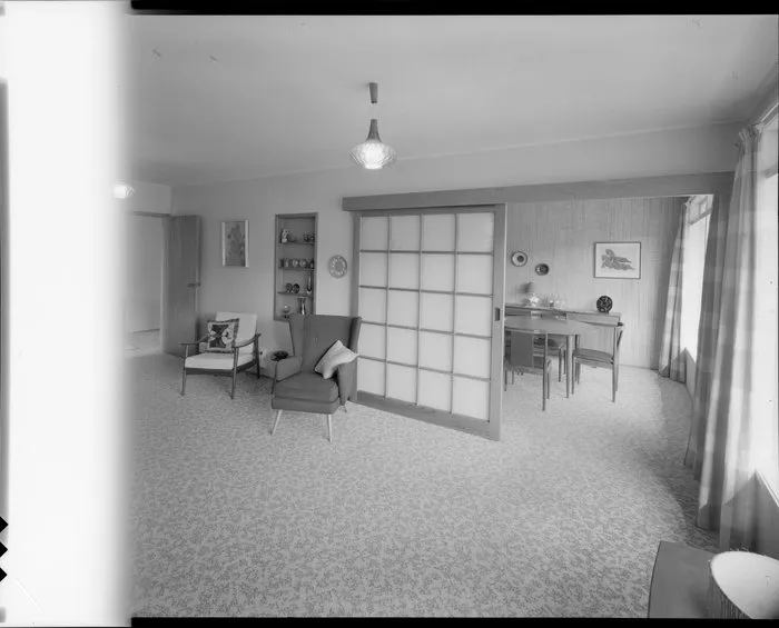 Living room and dining room, probably Cook house, 16 Orr Crescent, Epuni, Lower Hutt