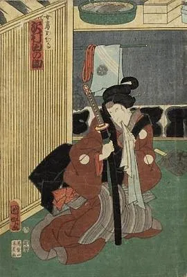 Actors Kataoka Nizaemon as Ichimonjiya Saibei (right), Bando Hikosaburo as Hayano Kanpei (centre), and Sawamura Tanosuke as Lady Okaru (left)