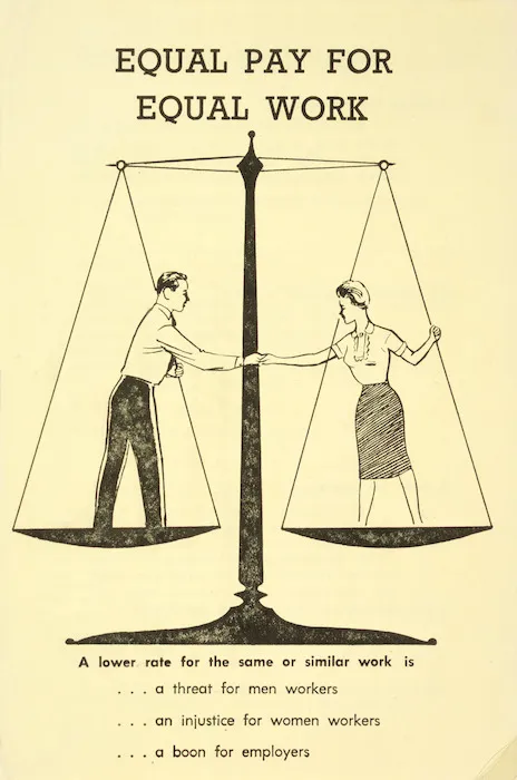 Council for Equal Pay and Opportunity: Equal pay for equal work. A lower rate for the same or similar work is ... a threat for men workers ... an injustice for women workers ... a boon for employers. 1961.