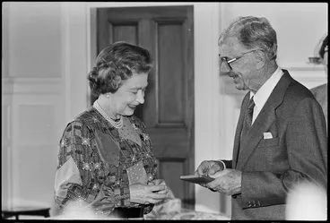 Image: Allen Curnow with Queen Elizabeth II - Photograph taken by Jon Hargest
