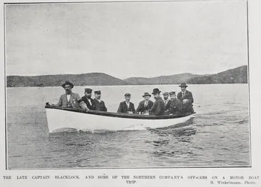 THE LATE CAPTAIN BLACKLOCK, AND SOME OF THE NORTHERN COMPANY'S OFFICERS ON A MOTOR BOAT TRIP Image: THE LATE CAPTAIN BLACKLOCK, AND SOME OF THE NORTHERN COMPANY'S OFFICERS ON A MOTOR BOAT TRIP