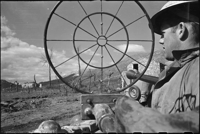 Section of Cassino Front visible to R F Dale waiting behind sights of his anti aircraft gun, Italy, World War II - Photograph taken by George Kaye