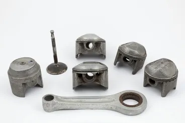 Image: Hand-made pistons, a valve and a connecting rod for a motor bike engine