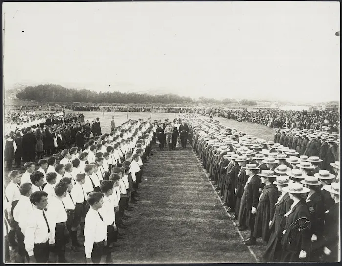 Edward Prince of Wales reviewing school children, Dunedin, New Zealand