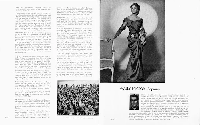 J C Williamson Theatres Ltd :Souvenir of the New Zealand Kiwis Revue. Page 4-5 - Kiwis don't fly? ... [and] Wally Prictor - Soprano. [ca 1950].