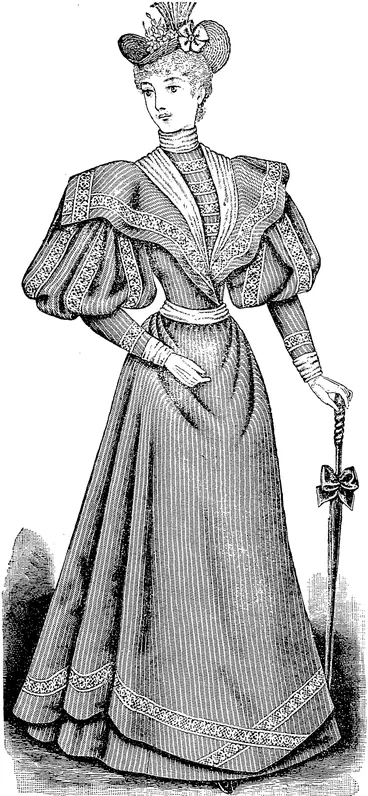 Image: LADIES' COSTUME.  The pattern for this costume is in 13 sizes for ladies from 28 to 4(i inches, bust measure. To ninke the costume of one material for a lady of medium size, will require 14 yards 22 inches wide, or 10 l-Bth yards 30 inches wide, or 7�� yards 44 inches wide. (Observer, 21 July 1894)