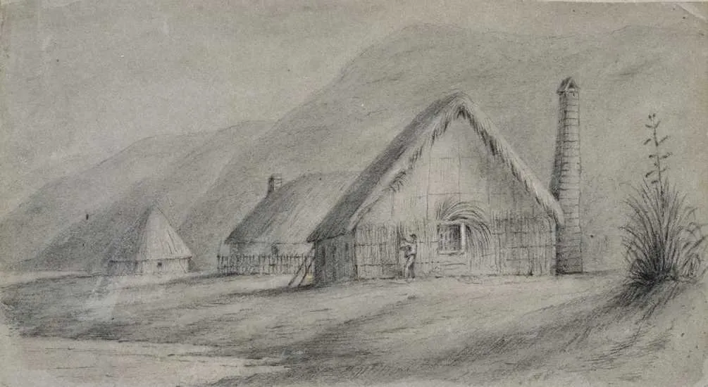 Swainson, William : Hutts [sic] of the first settlers Petoni Beach. [1840s]. Drawings & Prints Collection, Reference No. A-190-013 Alexander Turnbull Library, Wellington, New Zealand