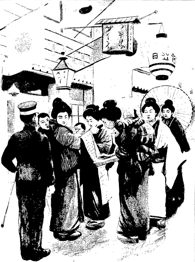 A TALISMAN FOR THE JAPANESE WAWRIOR STITCHING THE SAFETY GIRDLE IN THE STREETS OF KOBE. (Otago Witness, 27 July 1904)