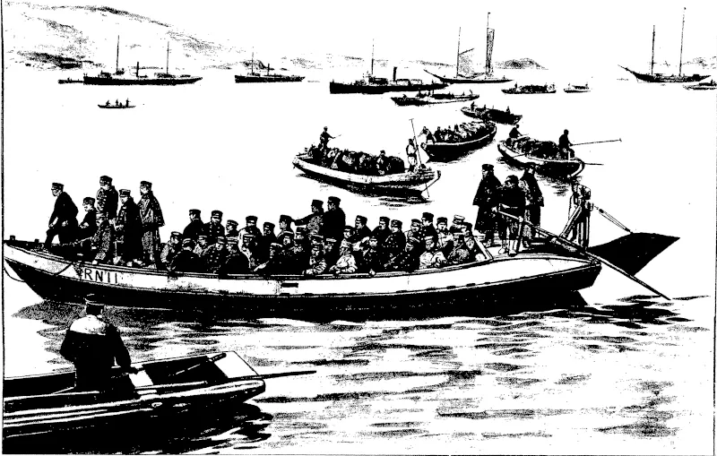 THE OUTSET OF THE JAPANESE CAMPAIGN IN KOREA: MILITARY DETACHMENTS AND PONIES GOING ASHORE AT CHEMULPO.  The landing of the Japanese troops at Chemulpo has been declared by military experts to bo a triumph of organisation. Every detachment knew its duties, and the location for each was indicated on shore. In an incredib'y  short space of time, without the least sign of hurry or bustle, the whole force had landed and bivouacked—Illustrated London News. (Otago Witness, 25 May 1904)