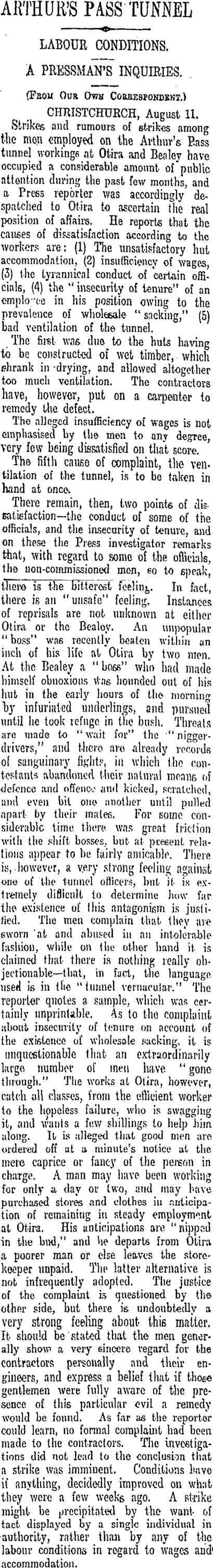 ARTHUR'S PASS TUNNEL (Otago Daily Times 12-8-1908)