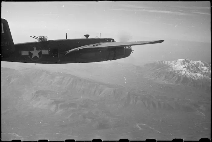 American medium bombers taking part in intensive bombing of Monte Cassino approach Mt Cairo, Italy, World War II - Photograph taken by George Bull