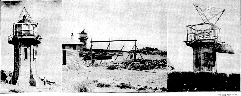 NEW BEACON FOR BARING HEAD.—The lighthouse tower at the new coastal station at Baring Head, to the south-east of Pencarrow. On the left the lighthouse is shown with the lantern and dome mounted In the centre the foundations of tlie power-house are to be seen. They were commenced this week, and the completed 'building will contain machinery for providing electricity, and also the wireless room. On the right "the derrick mounted on top of, the-tower is seen lifting the sixteen-hundredweight copper dome into position. "Evening Post" Photo. PUNCH AND JUDY.—A group of children watching a Punch and Judy show at Hutt Park. "Evening Post" Photo. A LONG IBS?'.—David Lewis, with the canoe which he paddled and carried from Wanganui to Milford Beach,' Auckland. (Evening Post, 18 January 1935)