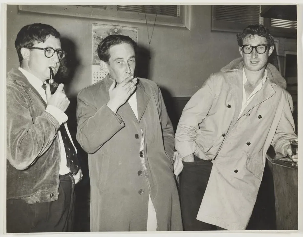 Victor O'Leary, James K. Baxter and Barry Crump at the Bowling Green Hotel, Dunedin