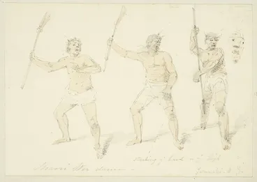 Image: [Strutt, William] 1825-1915 :Maori war dance. Taranaki N. Z. Striking the hand on the thigh. [1855 or 1856]