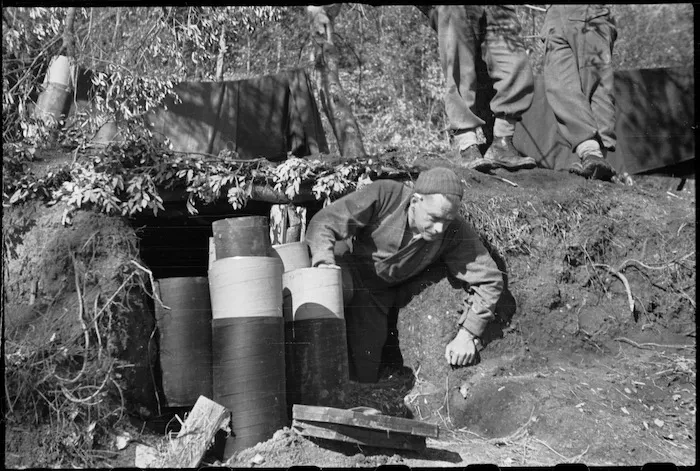 I McAnaley with another dug-out type of bivvy on 5th Army Front, Italy, World War II - Photograph taken by George Kaye