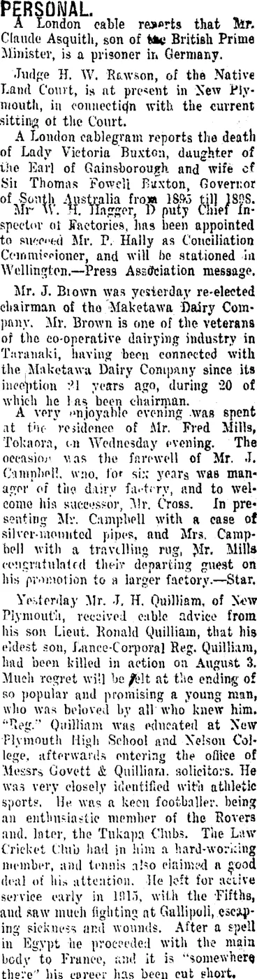 Image: PERSONAL. (Taranaki Daily News 11-8-1916)