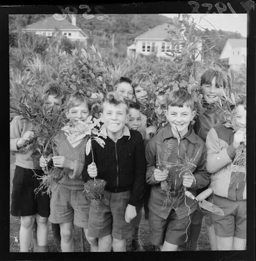 Image: Group of boys going to plant trees at Waiwhetu for Arbor Day, Lower Hutt